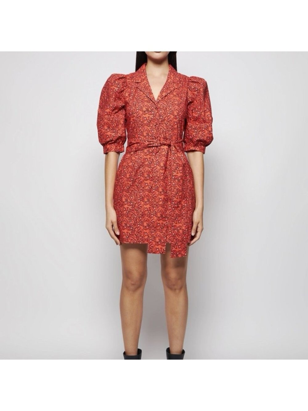LHD Casitas Red Sloth Dress Cotton Button-Front Puff Sleeve Belted